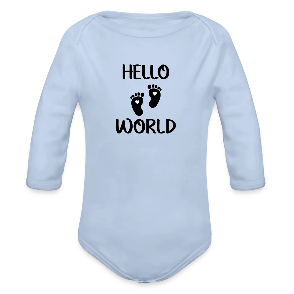 Personalisierter Unisex Baby Bio-Langarm-Body mit Babyfüßen und Spruch "Hello World" - 100% Bio Baumwolle - bis Größe 80 bzw. 12 Monate - in vielen Farben und Größen - Bild, Motiv und Text sind individualisierbar - Sky