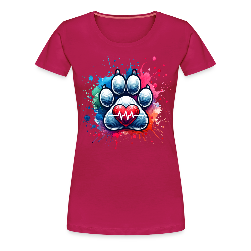 Personalisiertes Frauen Premium T-Shirt mit Hundepfote, Herz und Herzschlag Linie - Motiv und Text anpassbar - viele Farben und Größen - dunkles Pink