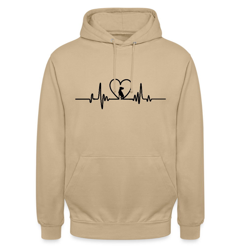 Personalisierter Unisex Hoodie mit Hund in Herz auf Herzlinie - Sweater für Frauen und Männer - viele Farben und Größen - Text und Motiv anpassbar - Beige