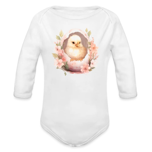 Personalisierter Baby Bio-Langarm-Body für Ostern - niedliches Küken in der Eierschale - Motiv, Produkt, Text und eigenes Foto ist easy änderbar - in vielen Farben und Größen bis Größe 80 bzw. 12 Monate - Weiß