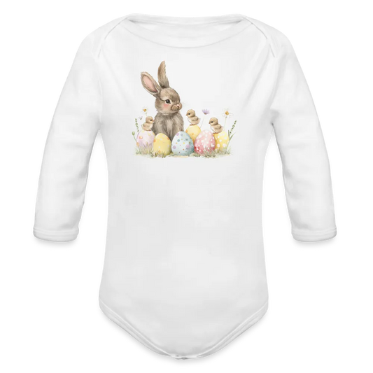 Personalisierter Baby Bio-Langarm-Body für Ostern - Frohe Ostern Body mit Osterhase, Ostereier und Küken - niedlicher Print für Mädchen - Motiv, Produkt, Text und eigenes Foto ist easy änderbar - in vielen Farben und Größen bis Größe 80 bzw. 12 Monate - Weiß
