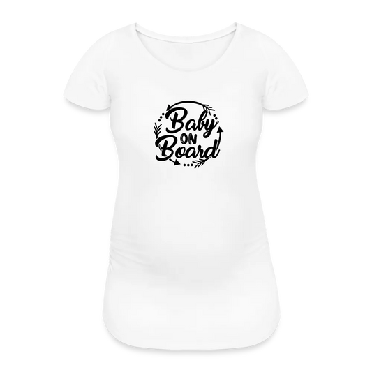 Personalisiertes weißes Schwangerschafts-T-Shirt für Frauen mit Spruch "Baby on Board" - Print Shirts für werdende Mama - Motiv und Text individualisierbar - auch in großen Größen für jede Mutter - Weiß
