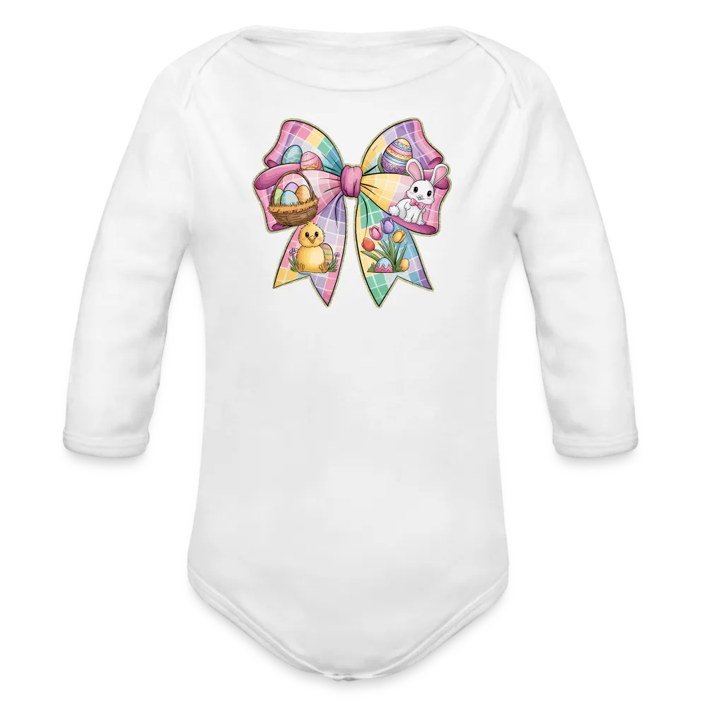Personalisierter Baby Bio-Langarm-Body für Ostern - Frohe Ostern Body mit Osterhase, Ostereier, Tulpen und Küken auf einer Masche - Motiv, Produkt, Text und eigenes Foto ist easy änderbar - in vielen Farben und Größen bis Größe 80 bzw. 12 Monate - Weiß