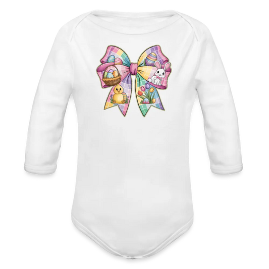 Personalisierter Baby Bio-Langarm-Body für Ostern - Frohe Ostern Body mit Osterhase, Ostereier, Tulpen und Küken auf einer Masche - Motiv, Produkt, Text und eigenes Foto ist easy änderbar - in vielen Farben und Größen bis Größe 80 bzw. 12 Monate - Weiß
