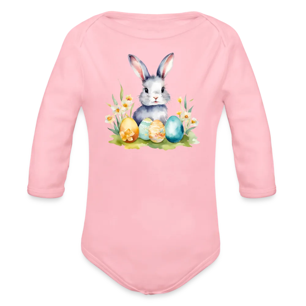 Personalisierter Baby Bio-Langarm-Body für Ostern - Frohe Ostern Body mit Osterhase, Ostereier und Blumen - niedlicher Print für Mädchen - Motiv, Produkt, Text und eigenes Foto ist easy änderbar - in vielen Farben und Größen bis Größe 80 bzw. 12 Monate - Hellrosa