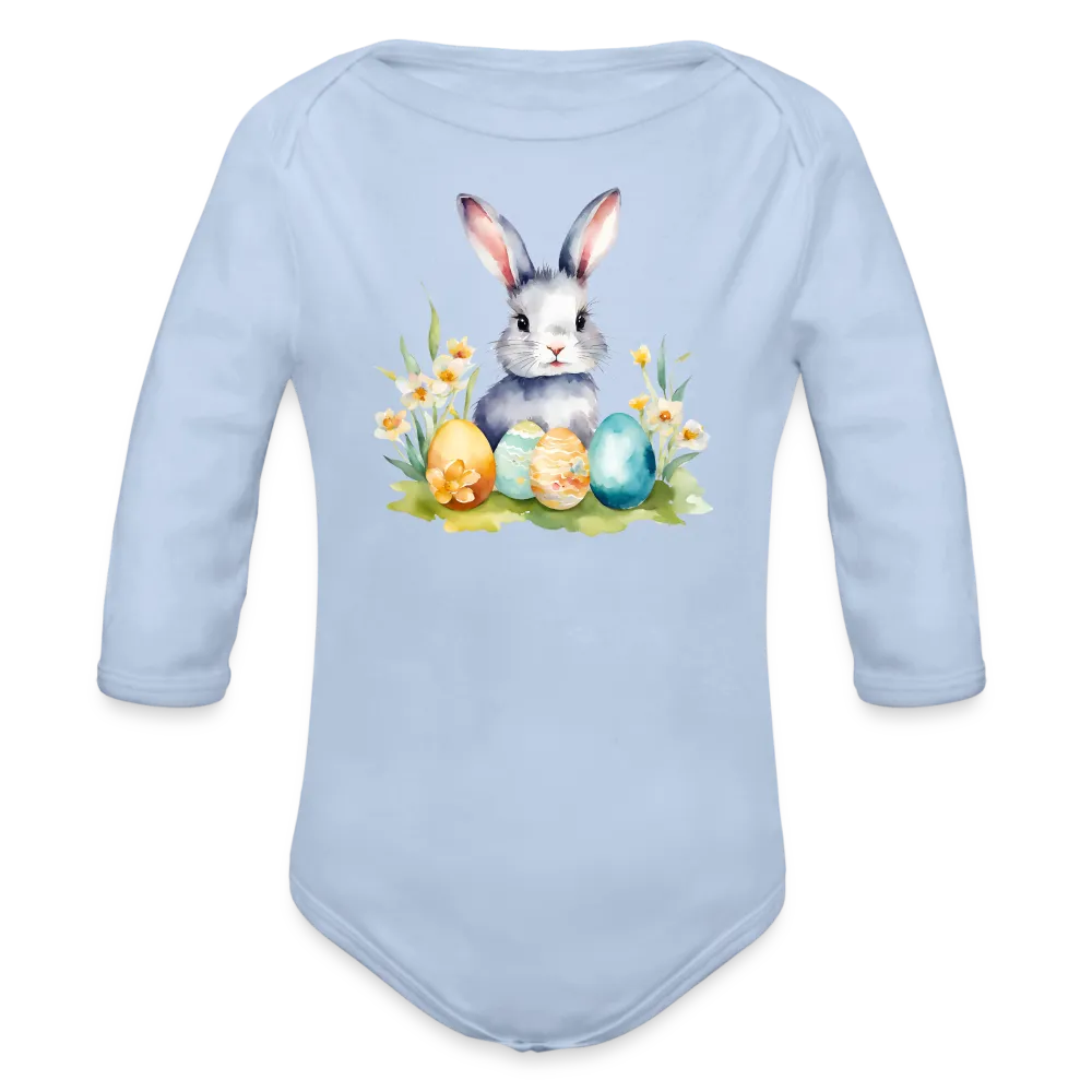Personalisierter Baby Bio-Langarm-Body für Ostern - Frohe Ostern Body mit Osterhase, Ostereier und Blumen - niedlicher Print für Mädchen - Motiv, Produkt, Text und eigenes Foto ist easy änderbar - in vielen Farben und Größen bis Größe 80 bzw. 12 Monate - Sky