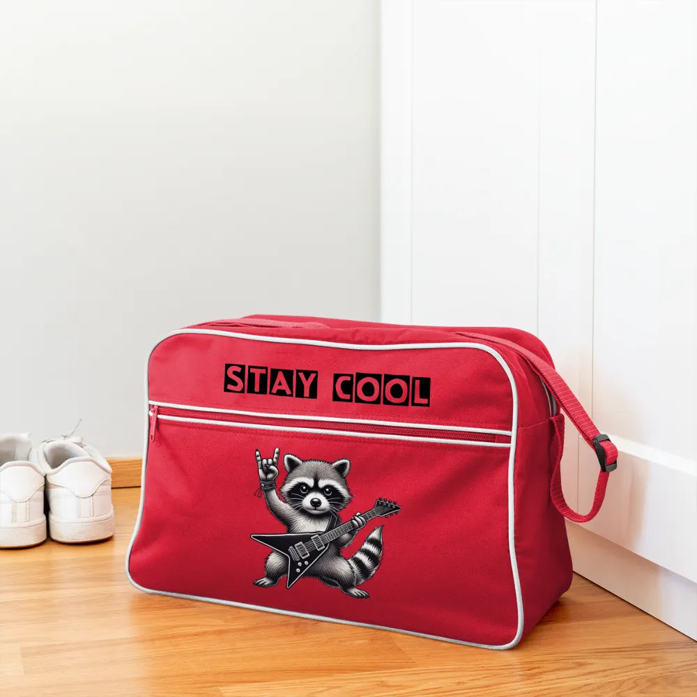 Personalisierte Unisex Retro Umhängetasche mit coolem Waschbären und dem Spruch "Stay cool" - Motiv und Text veränderbar - 18 Liter -