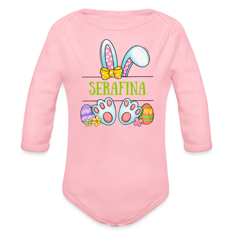 Personalisierter Baby Bio-Langarm-Body mit Oster Motiv für Mädchen - süßer bunter Osterhase mit Name - Hellrosa