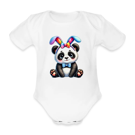Personalisierter Baby Bio-Kurzarm-Body für Mädchen mit Pandabär und Regenbogen Ohren für Ostern - in vielen Farben und Größen - Motiv und Text individualisierbar - Weiß