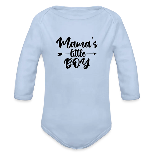 Personalisierter Jungen Baby Bio-Langarm-Body mit Spruch "Mamas little Boy" - 100% Bio Baumwolle - bis Größe 80 bzw. 12 Monate - in vielen Farben und Größen - Bild, Motiv und Text sind individualisierbar - Sky