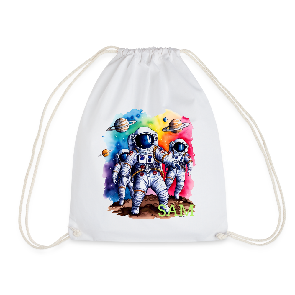 Personalisierter Turnbeutel mit Astronauten und Name - Weltall Beutel für Kinder und Erwachsene - Text und Motiv easy änderbar - Weiß One size