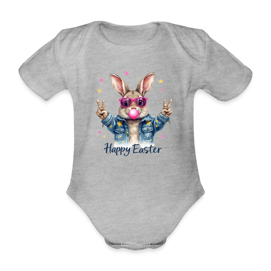 Personalisierter Baby Bio-Kurzarm-Body für Mädchen und Jungen mit Osterhasen, Kaugummi und Sterne sowie "Happy Easter" - Babybody für Ostern - in vielen Farben und Größen - Motiv und Text individualisierbar - Grau meliert