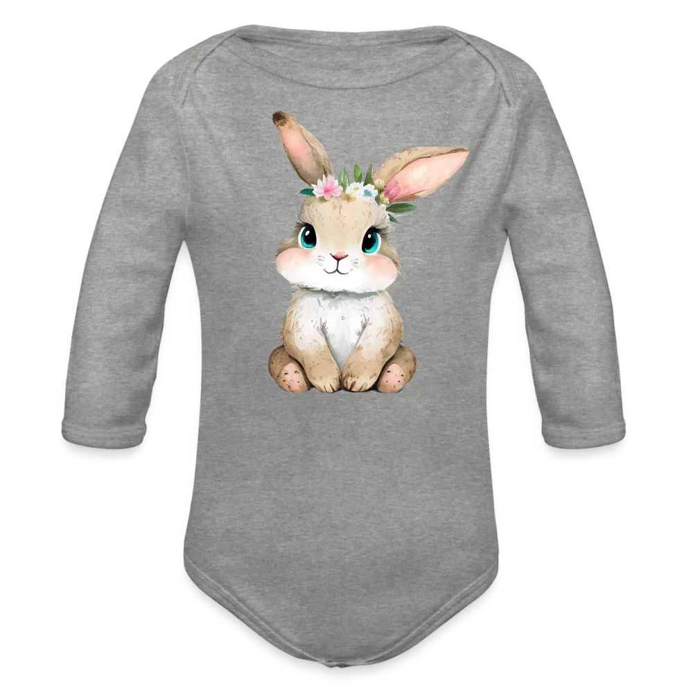Personalisierter Baby Bio-Langarm-Body für Ostern - niedlicher Bunny Body mit Mädchen Osterhase und Blumen - Motiv, Produkt, Text und eigenes Foto ist easy änderbar - in vielen Farben und Größen bis Größe 80 bzw. 12 Monate - Grau meliert