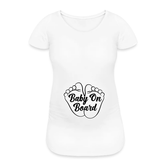 Personalisiertes weißes Schwangerschaft T-Shirt für Frauen mit Babyfüßen und Spruch "Baby on Board" - Print Shirts für werdende Mama in vielen Größen - Motiv und Text änderbar - Weiß