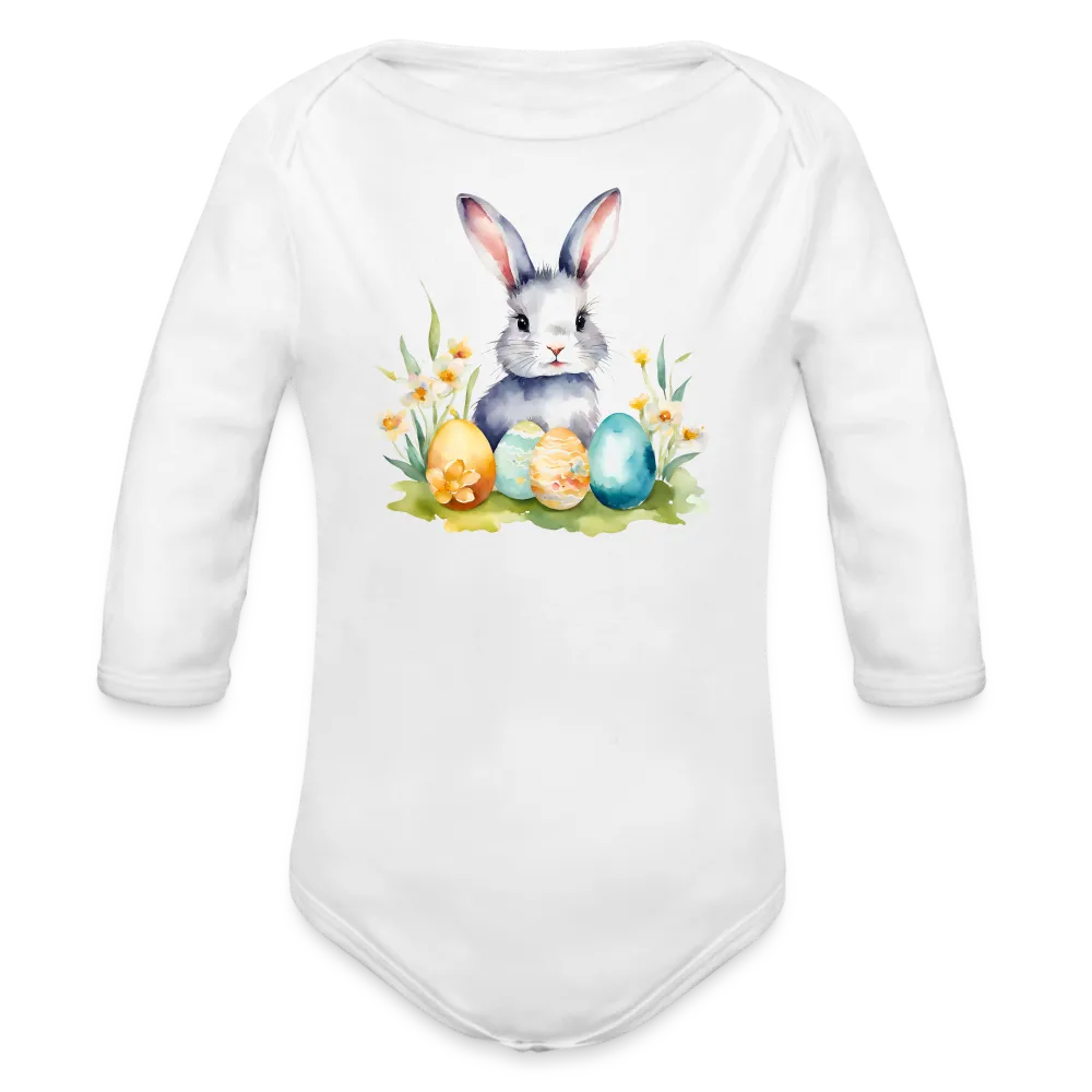 Personalisierter Baby Bio-Langarm-Body für Ostern - Frohe Ostern Body mit Osterhase, Ostereier und Blumen - niedlicher Print für Mädchen - Motiv, Produkt, Text und eigenes Foto ist easy änderbar - in vielen Farben und Größen bis Größe 80 bzw. 12 Monate - Weiß