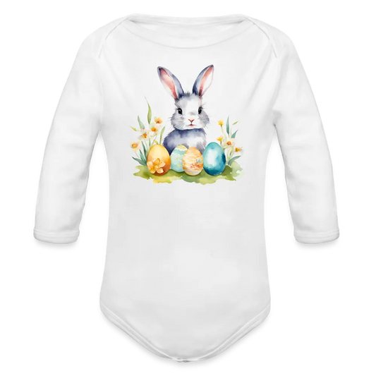 Personalisierter Baby Bio-Langarm-Body für Ostern - Frohe Ostern Body mit Osterhase, Ostereier und Blumen - niedlicher Print für Mädchen - Motiv, Produkt, Text und eigenes Foto ist easy änderbar - in vielen Farben und Größen bis Größe 80 bzw. 12 Monate - Weiß