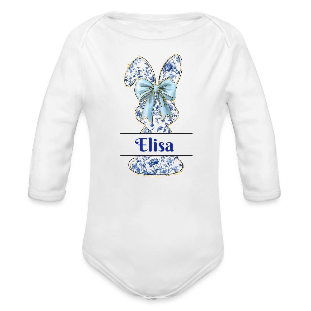 Personalisierter Baby Bio-Langarm-Body für Ostern - süßer Mädchen Osterhase mit Masche in blau - Weiß