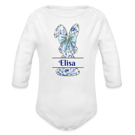 Personalisierter Baby Bio-Langarm-Body für Ostern - süßer Mädchen Osterhase mit Masche in blau - Weiß