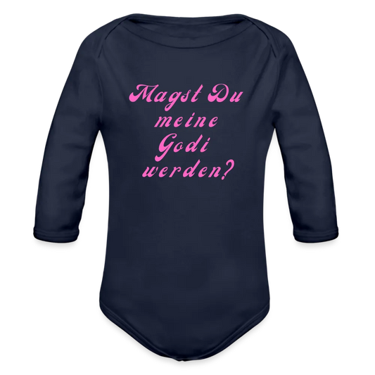 Personalisierter Baby Bio-Langarm-Body mit Spruch "Magst Du meine Godi werden" - Produkt, Text, Motiv und Bild ist easy änderbar - in vielen Größen (bis 80/12 Monate) und Farben - Dunkelnavy