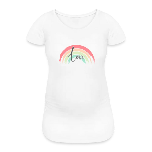 Personalisiertes weißes Schwangerschaft T-Shirt für Frauen mit Regenbogen und Love - Print Shirts für werdende Mama in vielen Größen - Motiv und Text änderbar - Weiß
