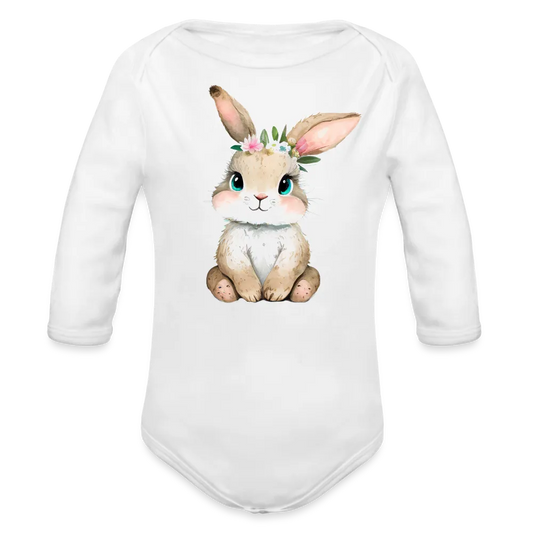 Personalisierter Baby Bio-Langarm-Body für Ostern - niedlicher Bunny Body mit Mädchen Osterhase und Blumen - Motiv, Produkt, Text und eigenes Foto ist easy änderbar - in vielen Farben und Größen bis Größe 80 bzw. 12 Monate - Weiß