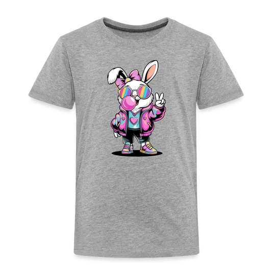Personalisiertes Frohe Ostern Kinder T-Shirt mit Osterhase mit Sonnenbrille, Masche und Kaugummi - niedlicher Mädchen Bunny - Motiv, Produkt, Text und eigene Bilder easy anpassbar - in vielen Farben und Größen (bis Größe 140 bzw. 8 Jahre) - Grau meliert