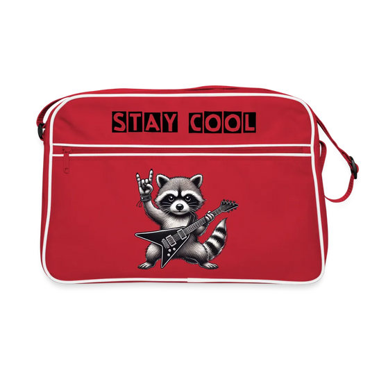 Personalisierte Unisex Retro Umhängetasche mit coolem Waschbären und dem Spruch "Stay cool" - Motiv und Text veränderbar - 18 Liter - Rot Weiß One size