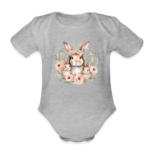 Personalisierter Baby Bio-Kurzarm-Body für Mädchen mit Osterhasen Mama und Baby mit Blumen - Babybody für Ostern - in vielen Farben und Größen - Motiv und Text individualisierbar - Grau meliert