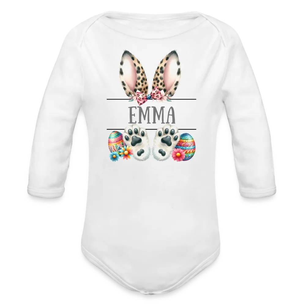 Personalisierter Baby Bio-Langarm-Body für Ostern - Frohe Ostern Body mit Osterhasen Ohren, Ostereier und Name - niedlicher Print für Mädchen - Name, Motiv und Produkt sind leicht änderbar - in vielen Farben und Größen bis Größe 80 bzw. 12 Monate - Weiß