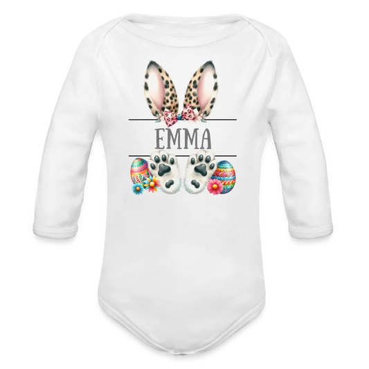 Personalisierter Baby Bio-Langarm-Body für Ostern - Frohe Ostern Body mit Osterhasen Ohren, Ostereier und Name - niedlicher Print für Mädchen - Name, Motiv und Produkt sind leicht änderbar - in vielen Farben und Größen bis Größe 80 bzw. 12 Monate - Weiß