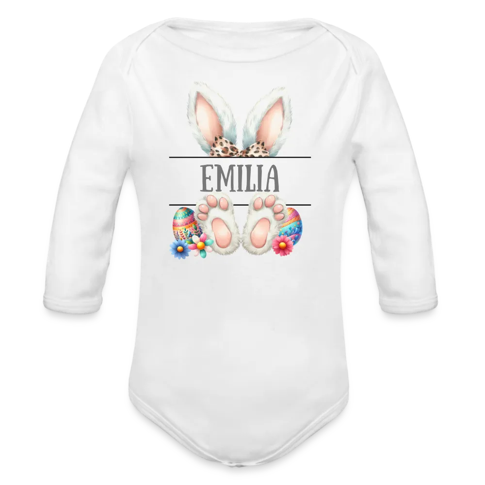 Personalisierter Baby Bio-Langarm-Body für Ostern - Frohe Ostern Body mit Osterhasen Ohren, Ostereier und Name - niedlicher Print für Mädchen - Name, Motiv und Produkt sind leicht änderbar - in vielen Farben und Größen bis Größe 80 bzw. 12 Monate - Weiß