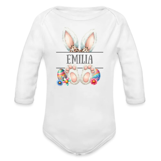 Personalisierter Baby Bio-Langarm-Body für Ostern - Frohe Ostern Body mit Osterhasen Ohren, Ostereier und Name - niedlicher Print für Mädchen - Name, Motiv und Produkt sind leicht änderbar - in vielen Farben und Größen bis Größe 80 bzw. 12 Monate - Weiß