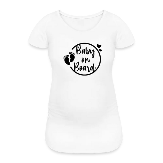 Personalisiertes weißes Schwangerschafts-T-Shirt für Frauen mit Babyfüßchen und "Baby on Board" - Print Shirts für werdende Mama - Motiv und Text individualisierbar - auch in großen Größen für jede Mutter - Weiß