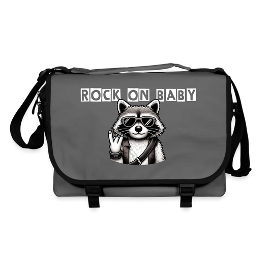 Personalisierte Umhängetasche mit Waschbären und dem Spruch "Rock on Baby!" - Text und Motiv individualisierbar - Umhängetasche in schwarz und grau - 15 Liter - Graphit Schwarz One size