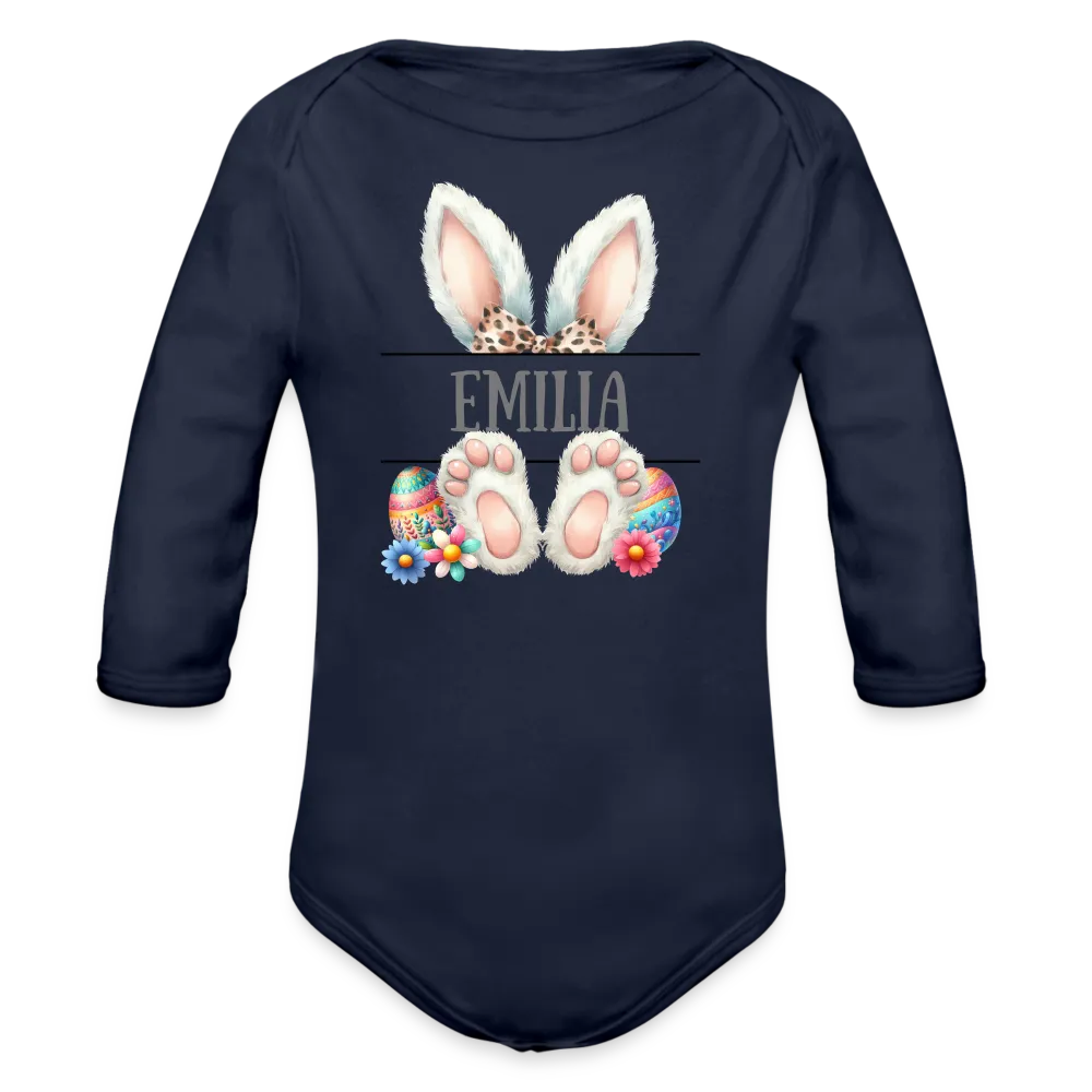 Personalisierter Baby Bio-Langarm-Body für Ostern - Frohe Ostern Body mit Osterhasen Ohren, Ostereier und Name - niedlicher Print für Mädchen - Name, Motiv und Produkt sind leicht änderbar - in vielen Farben und Größen bis Größe 80 bzw. 12 Monate - Dunkelnavy