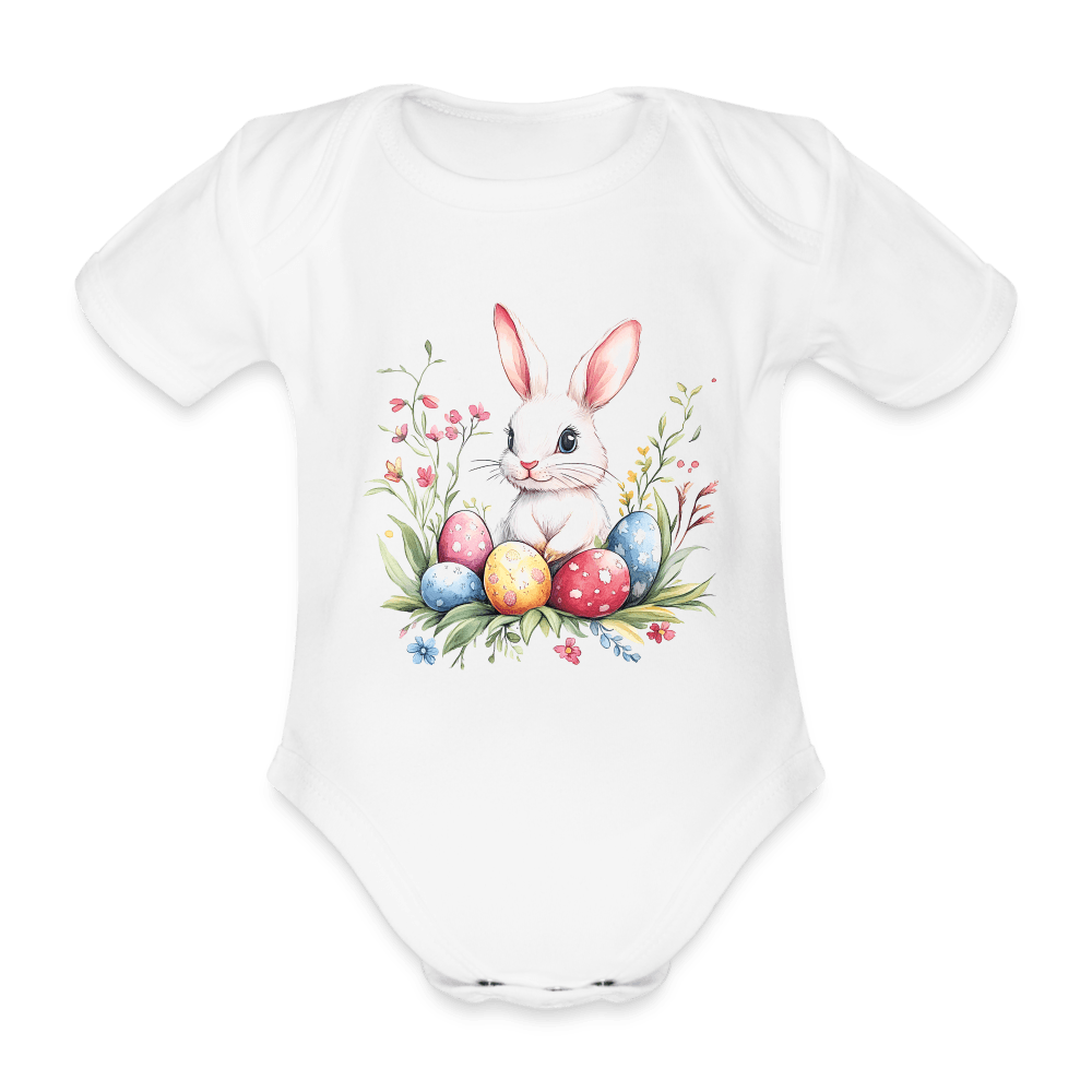 happy-prints.eu - Personalisierter Baby Bio-Kurzarm-Body für Mädchen und Jungen mit Osterhasen und Ostereier - Babybody für Ostern - in vielen Farben und Größen - Motiv und Text individualisierbar