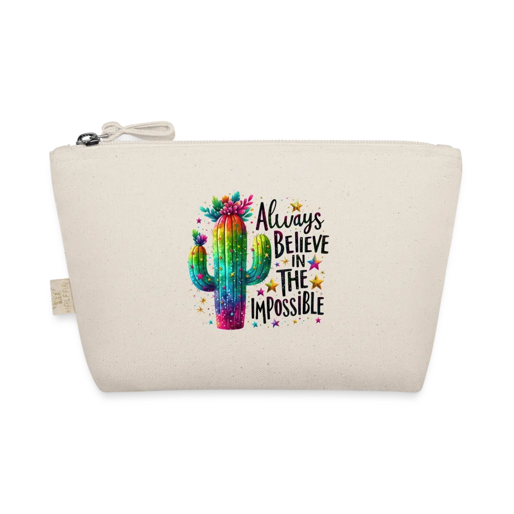 Personalisierte Tasche / Kulturtasche mit Rainbow Kaktus und Spruch "Always believe in the impossible" - Täschchen für Mädchen und Damen aus Bio Baumwolle - Individualisierung bei Text und Motiv - 250 x 140 x 60 mm - Natur One size
