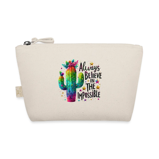 Personalisierte Tasche / Kulturtasche mit Rainbow Kaktus und Spruch "Always believe in the impossible" - Täschchen für Mädchen und Damen aus Bio Baumwolle - Individualisierung bei Text und Motiv - 250 x 140 x 60 mm - Natur One size