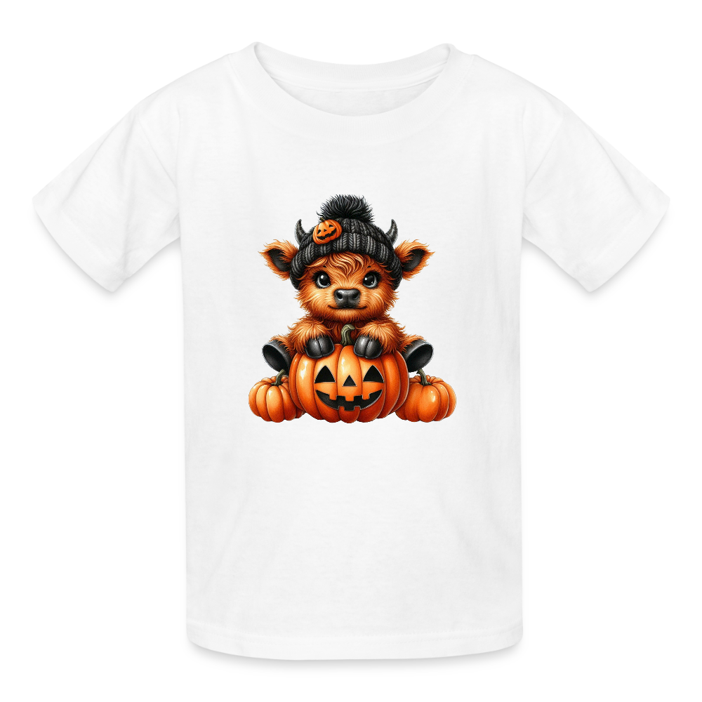 Personalisierbares Kinder T-Shirt für Halloween - Yak mit Kürbis auf schwarz - Motiv kann auf jedes Kurzarm- oder Langarm-Shirt gedruckt werden - auch für Erwachsene - viele weitere Farben und Größen - Weiß