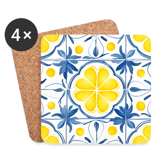 Personalisierte Untersetzer (4er-Set) mit sommerlichem Fliesenmuster - gelb wie Zitronen und blau auf weiß - Motiv austauschbar - 95 x 95 x 3 mm - Weiß One size