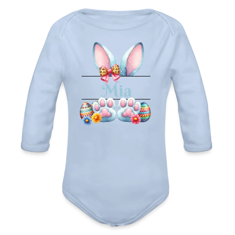 Personalisierter Baby Bio-Langarm-Body für Ostern - Frohe Ostern Body mit Osterhasen Ohren, Ostereier und Name - niedlicher Print für Mädchen - Name, Motiv und Produkt sind leicht änderbar - in vielen Farben und Größen bis Größe 80 bzw. 12 Monate - Sky