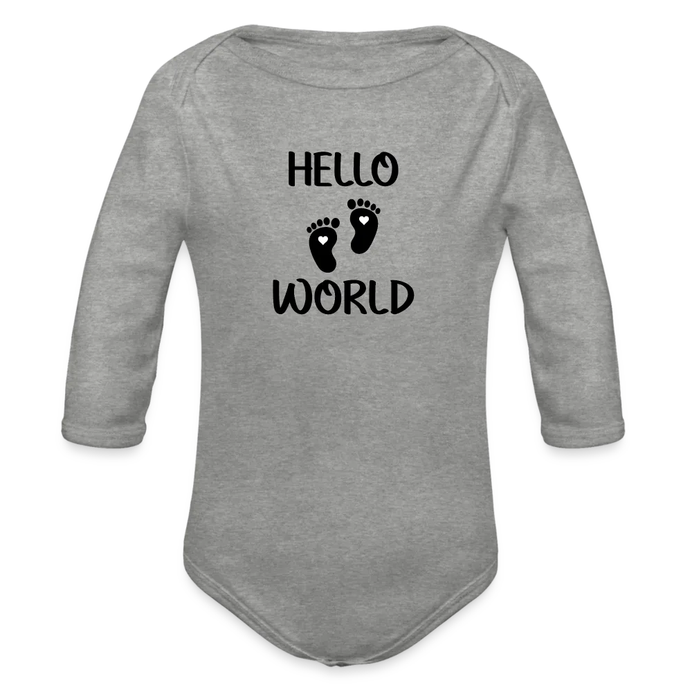 Personalisierter Unisex Baby Bio-Langarm-Body mit Babyfüßen und Spruch "Hello World" - 100% Bio Baumwolle - bis Größe 80 bzw. 12 Monate - in vielen Farben und Größen - Bild, Motiv und Text sind individualisierbar - Grau meliert
