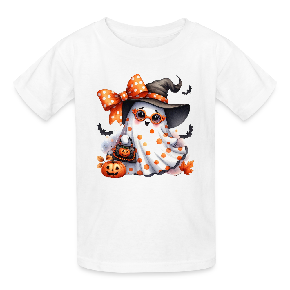 Personalisierbares Mädchen T-Shirt für Halloween - süßer Geist mit Dots, Brille, Masche Hut und Kürbis - Motiv kann auf jedes Kurzarm- oder Langarm-Shirt gedruckt werden - auch für Erwachsene - viele weitere Farben und Größen - hier 3 bis 12 Jahre - Weiß