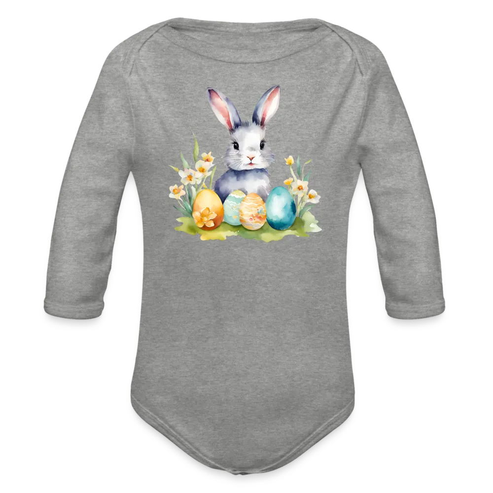 Personalisierter Baby Bio-Langarm-Body für Ostern - Frohe Ostern Body mit Osterhase, Ostereier und Blumen - niedlicher Print für Mädchen - Motiv, Produkt, Text und eigenes Foto ist easy änderbar - in vielen Farben und Größen bis Größe 80 bzw. 12 Monate - Grau meliert