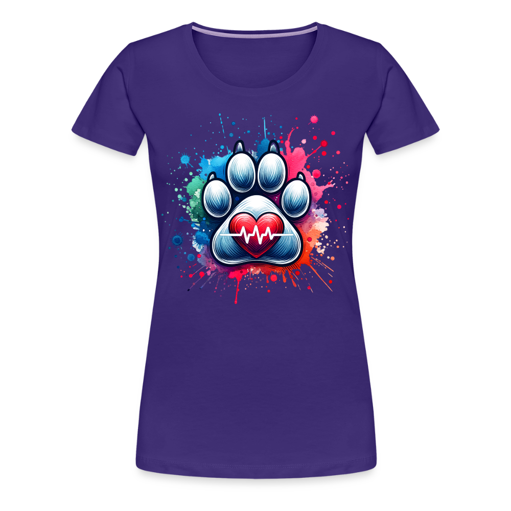 Personalisiertes Frauen Premium T-Shirt mit Hundepfote, Herz und Herzschlag Linie - Motiv und Text anpassbar - viele Farben und Größen - Lila