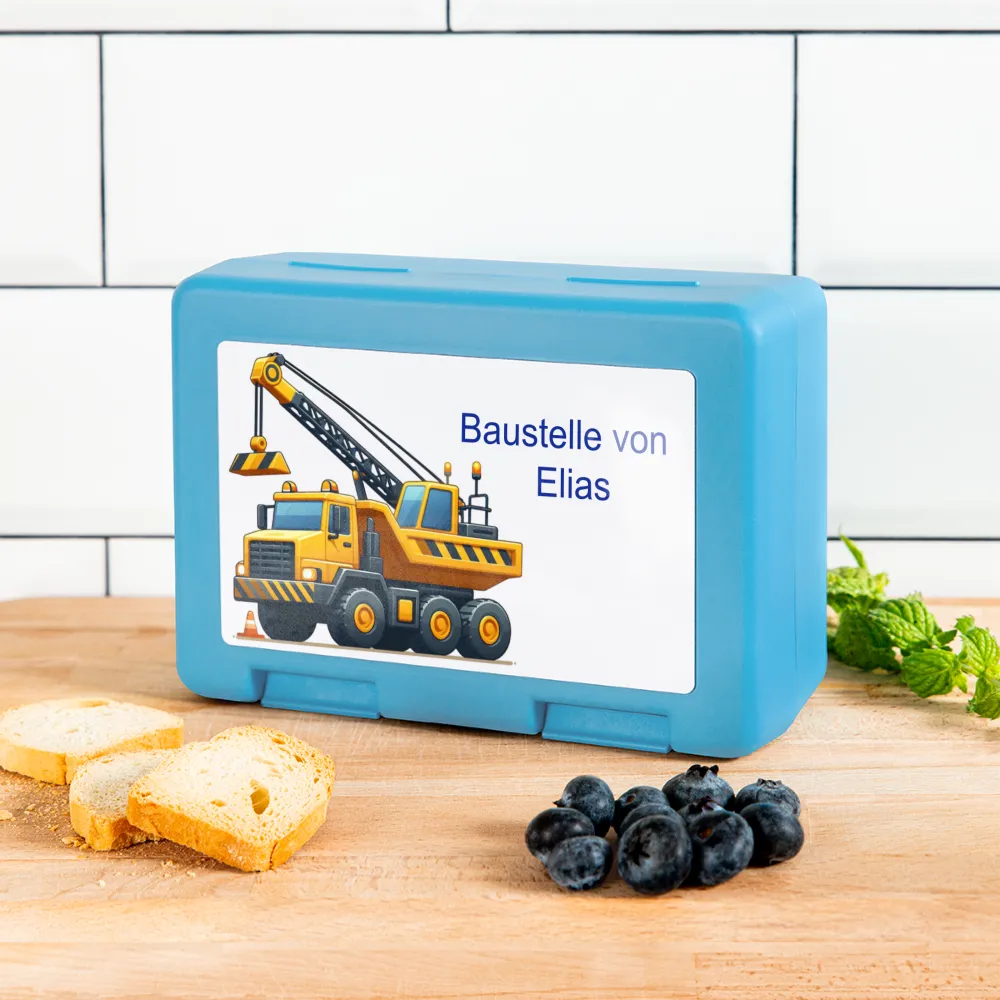Personalisierte Brotdose in blau mit Baustellenfahrzeuge - Jungen Jausendose - Name und Motiv kann geändert werden -