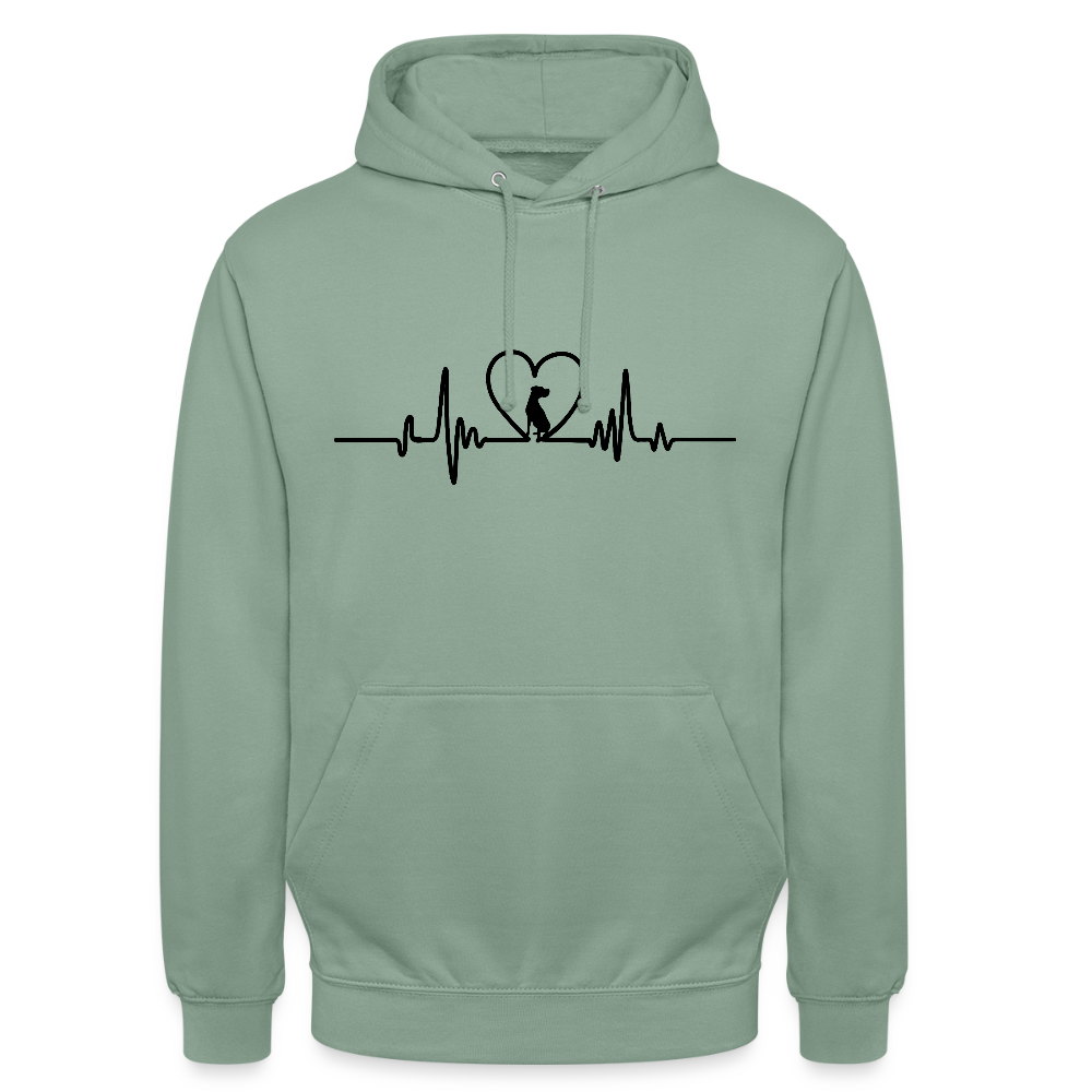 Personalisierter Unisex Hoodie mit Hund in Herz auf Herzlinie - Sweater für Frauen und Männer - viele Farben und Größen - Text und Motiv anpassbar - Graugrün