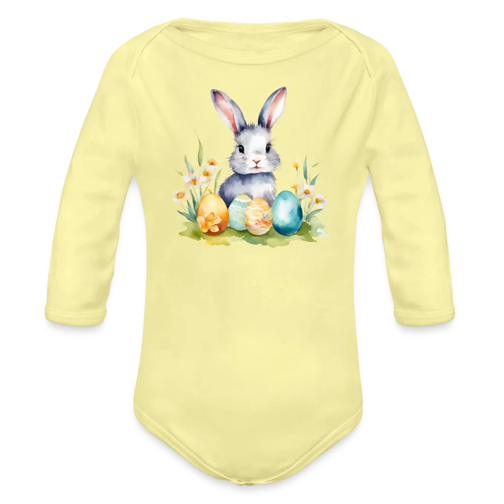 Personalisierter Baby Bio-Langarm-Body für Ostern - Frohe Ostern Body mit Osterhase, Ostereier und Blumen - niedlicher Print für Mädchen - Motiv, Produkt, Text und eigenes Foto ist easy änderbar - in vielen Farben und Größen bis Größe 80 bzw. 12 Monate - Hellgelb