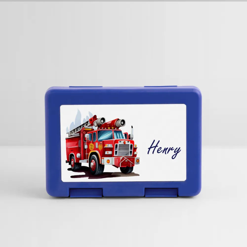 Personalisierte Brotdose mit Namen und Feuerwehr Fahrzeuge in blau - coole Jausendose mit personalisierbarem Motiv - Name und Motiv kann geändert werden - in verschiedenen Farben -