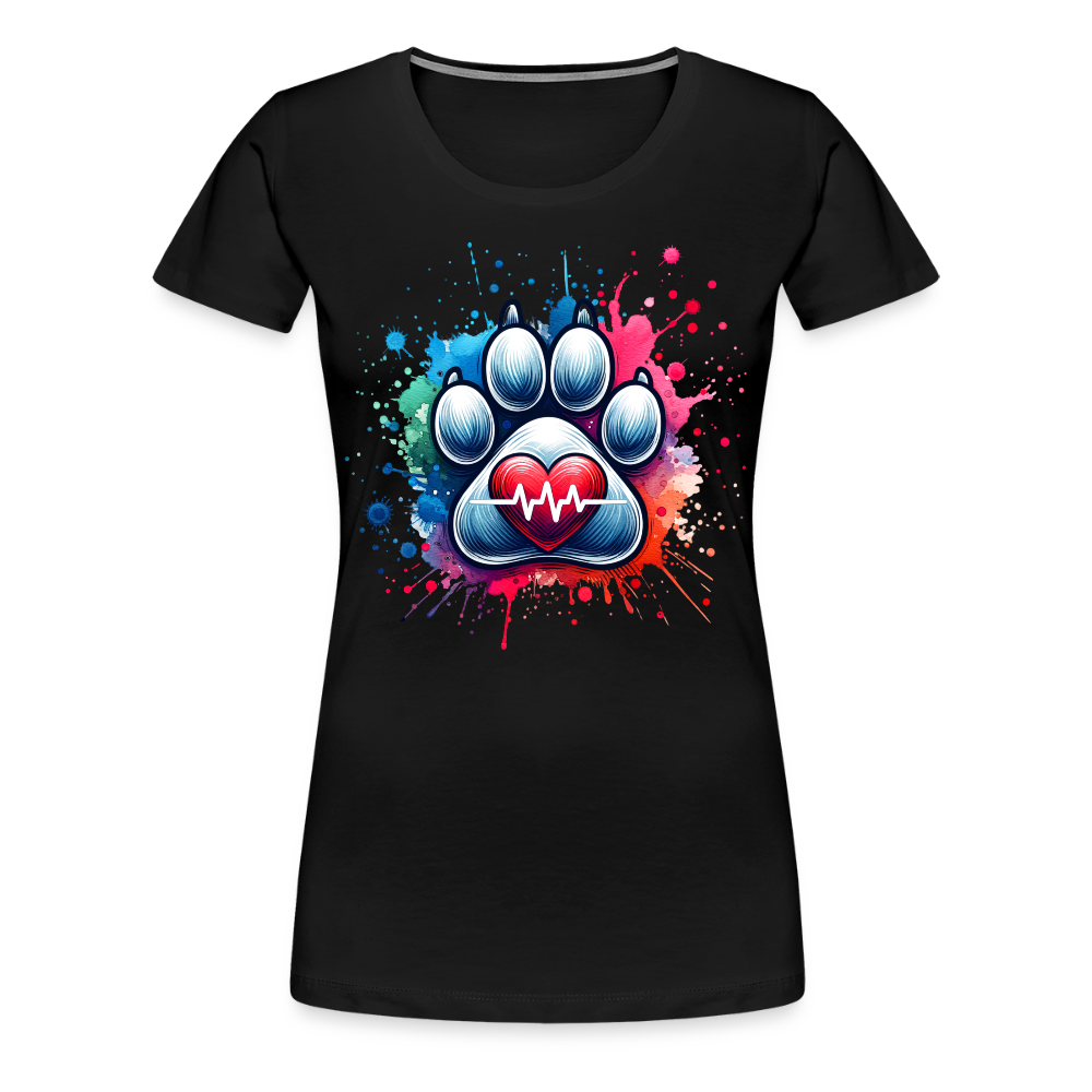Personalisiertes Frauen Premium T-Shirt mit Hundepfote, Herz und Herzschlag Linie - Motiv und Text anpassbar - viele Farben und Größen - Schwarz